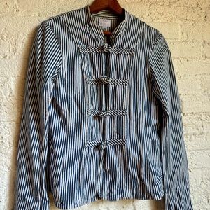 Blue and White Railroad Striped Mandarin Collar Denim jacket